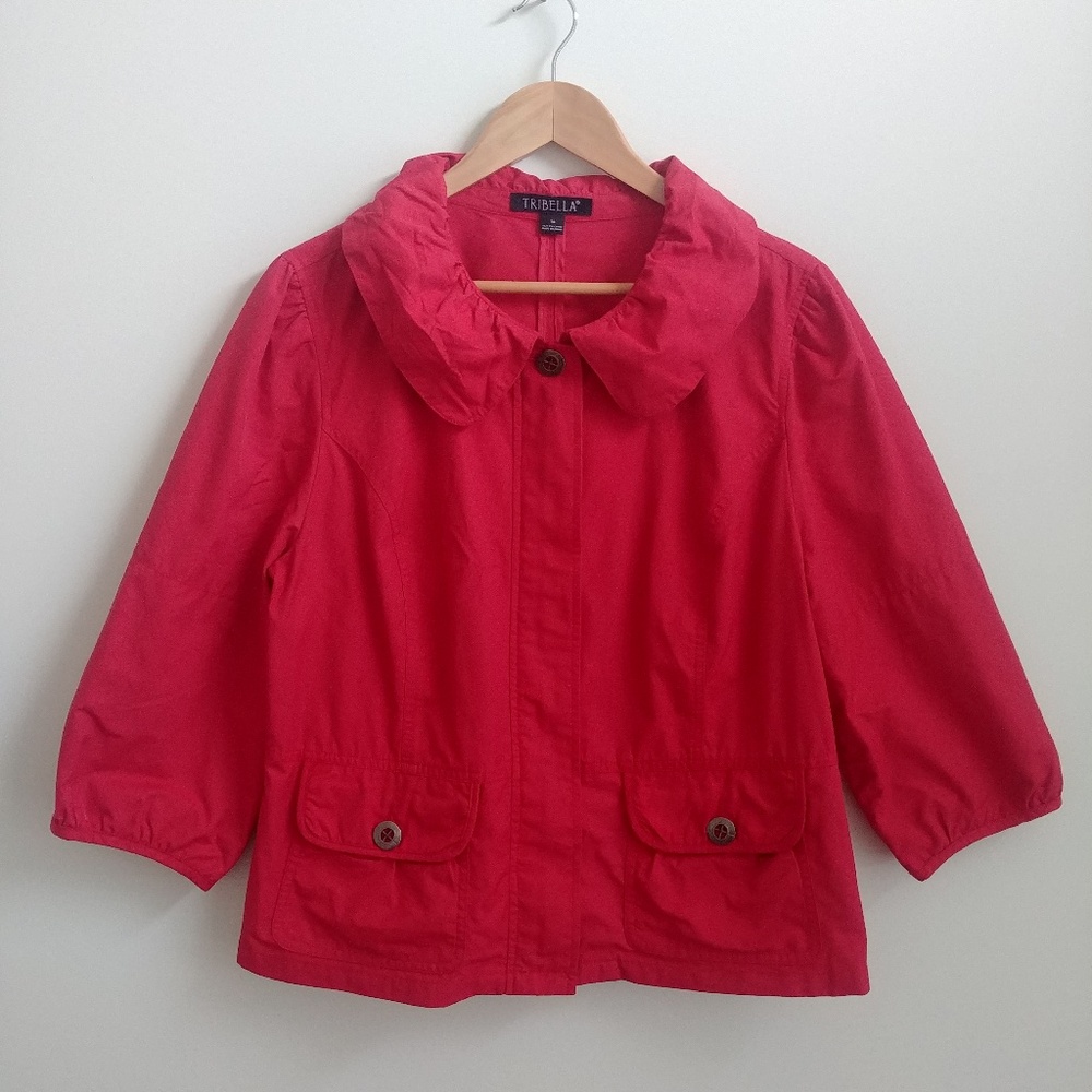 Red cotton nylon short jacket bracelet sleeve Peter Pan collar size 14 Tribella